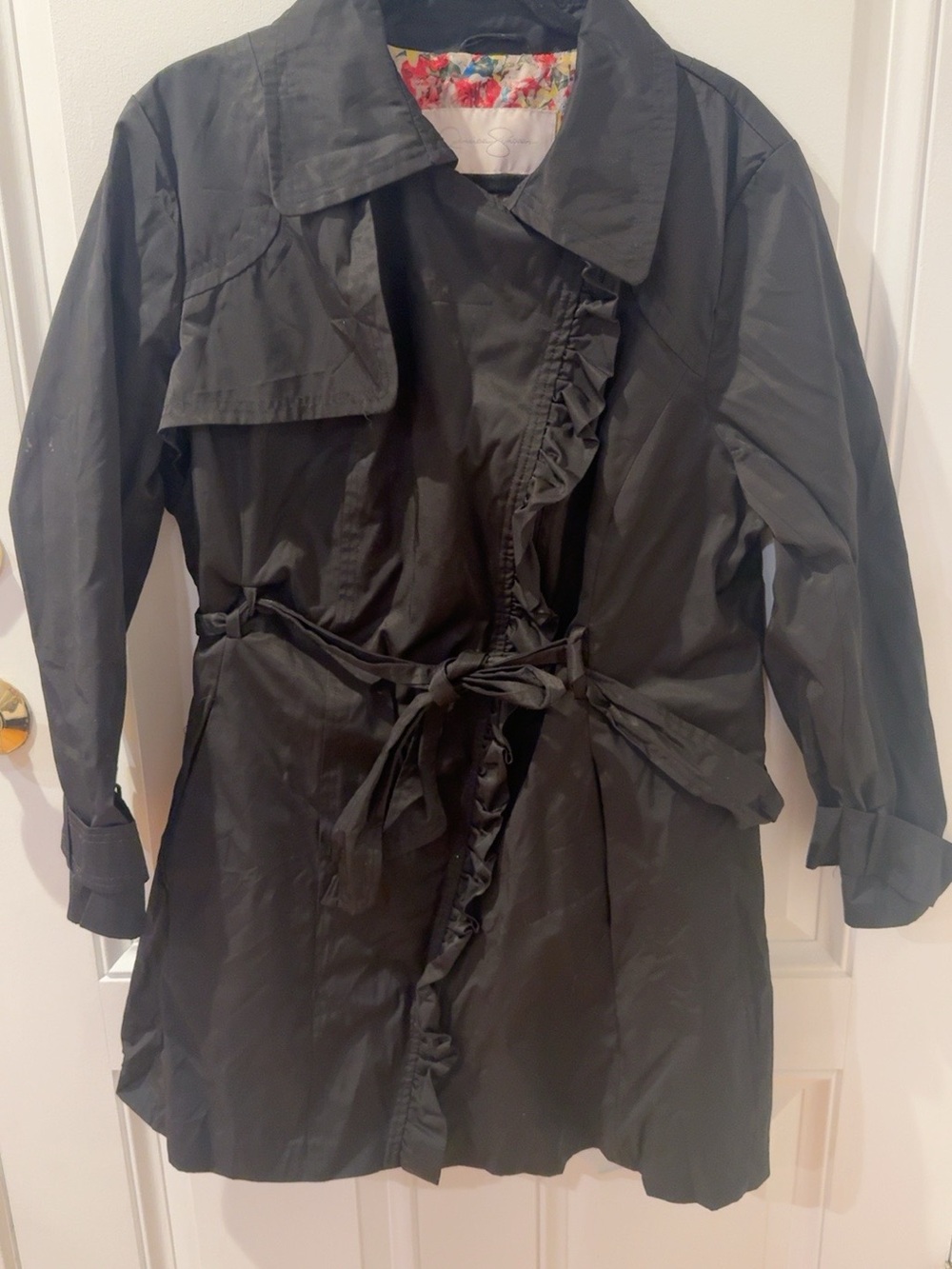 Jessica Simpson Black Ruffle Front Belted Trench Coat Plus Size 1X